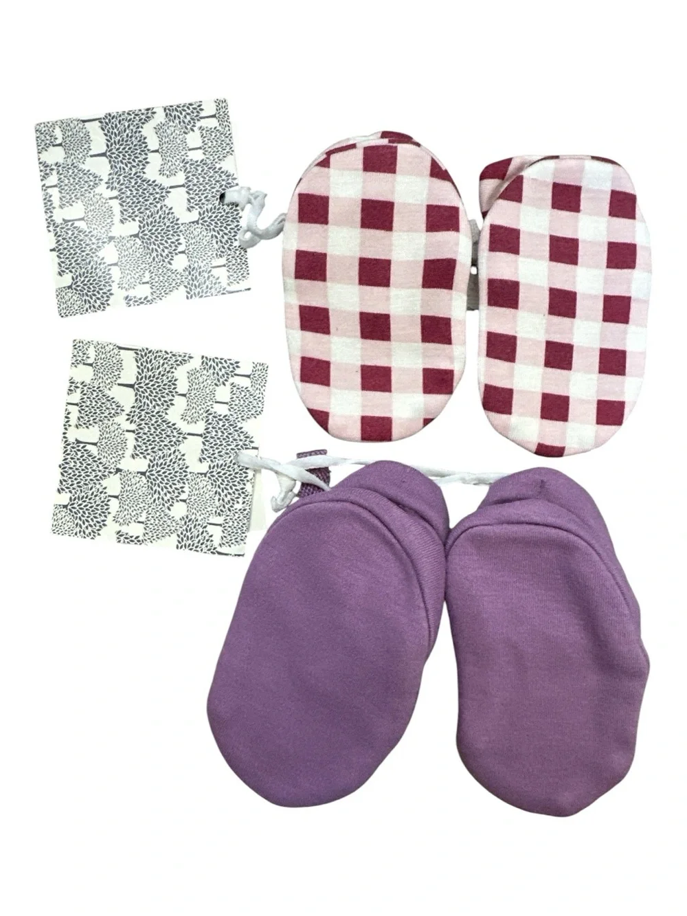 KATE QUINN Newborn Tie Booties “Raspberry Gingham” & “Dusty Grape” Slippers, NEW